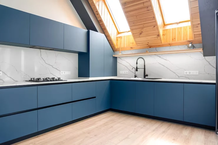 blue-minimal-kitchen-attic-skylights-bright-marble